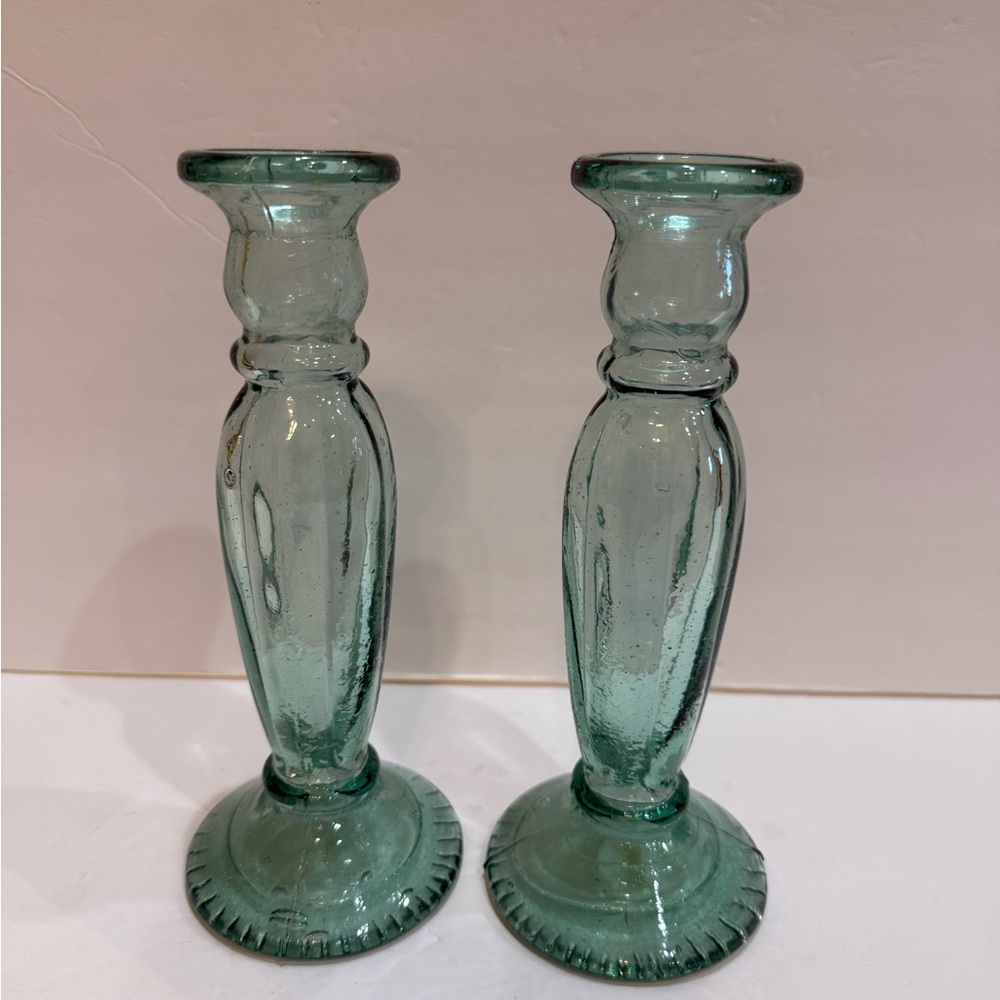 Pair of Recycled Green Glass Candlestick Holder or Vase Blown Made in Spain